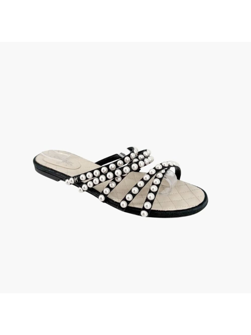 Chanel CC Pearl Strappy Slide Sandals Black White Flat Size 38.5 US 7.5-8 Women - Picture 8 of 14